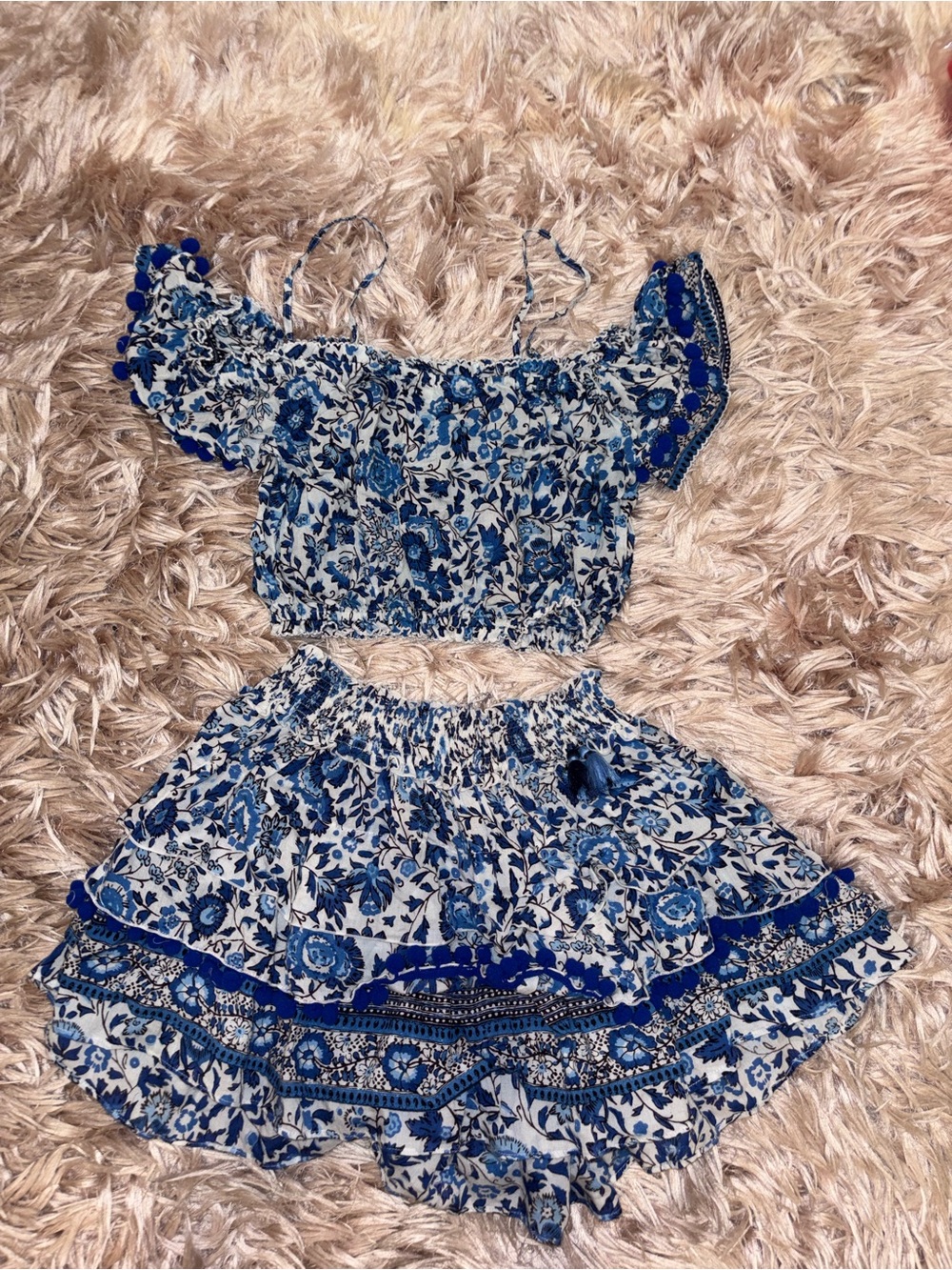 Girls Poupette Blue Floral Off-Shoulder Crop Top and Skirt Set AND SIZE 6 SKIRT